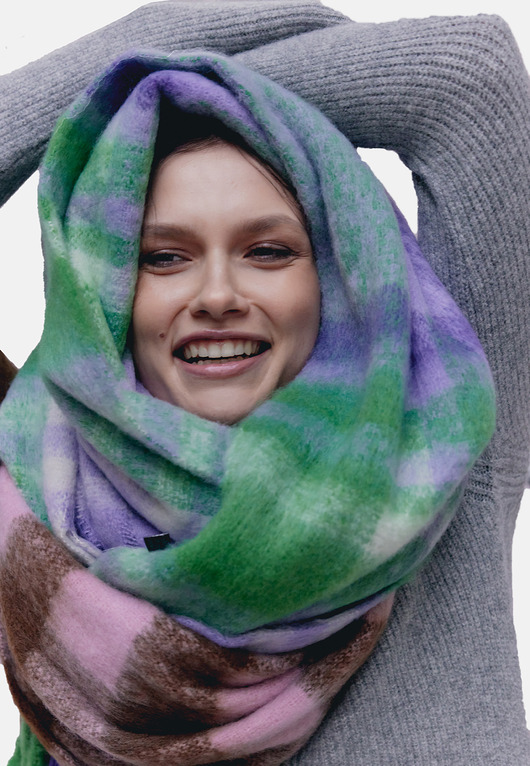 szale damskie Szal fioletowo-zielony w kratę z frędzlami 40x190 cm