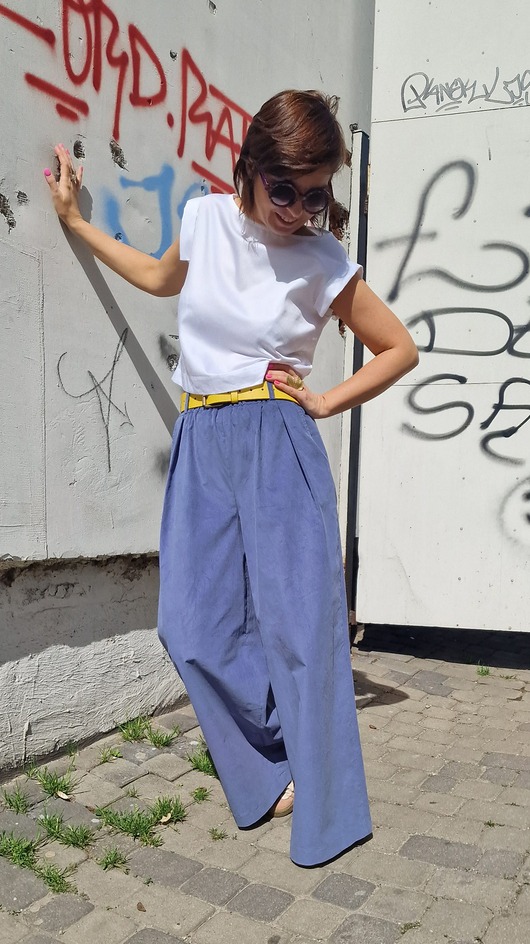 spodnie materiałowe damskie Szerokie Spodnie Sisi Niebieski sztruks