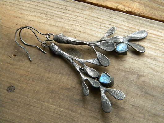 kolczyki wire wrapping kamień księżycowy   - gałązki