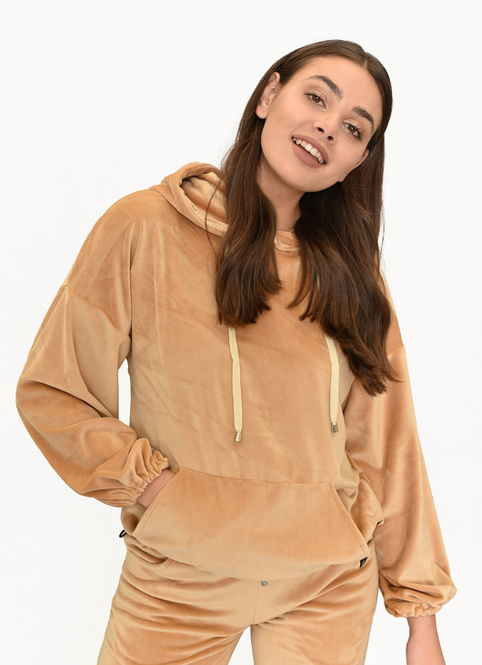 bluza z kapturem damska Bluza Poczuj Wygodę  Welurowa karmel