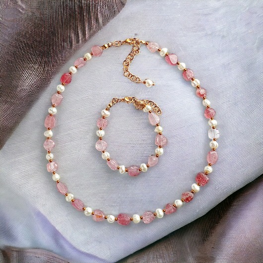komplet biżuterii KOMPLET - kwarc truskawkowy & PERŁY - naszyjnik & bransoletka