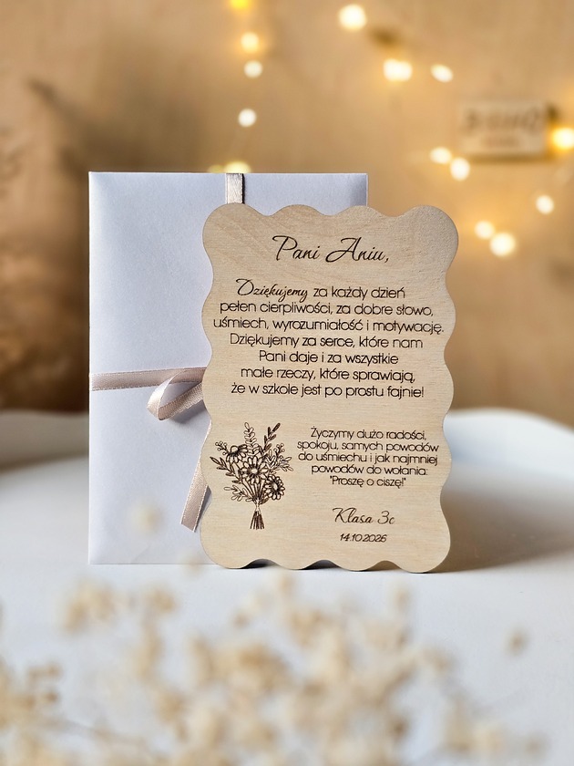 kartki okolicznościowe - wydruki Kartka z okazji Dnia Nauczyciela - personalizowana, drewniana kartka z grawerem