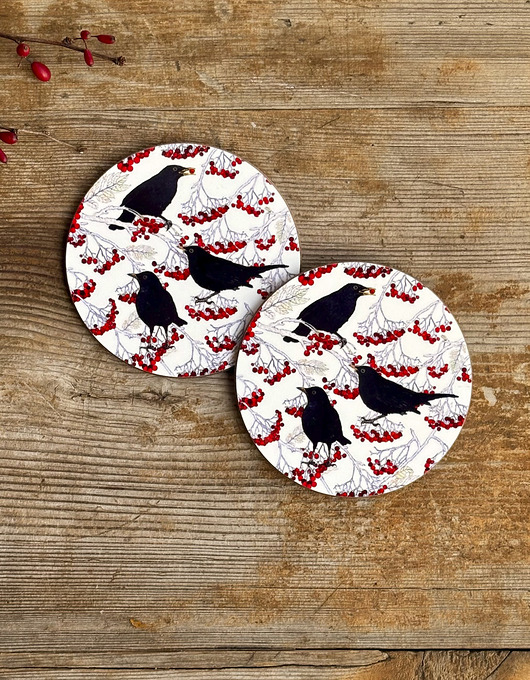 podkładki do kuchni Podkładki pod kubek- Kosy w jarzębinie- Ilustracja- Black birds