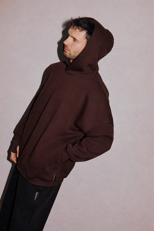 bluzy męskie Bawełniana bluza BASIC OVERSIZE z kapturem czekoladowa
