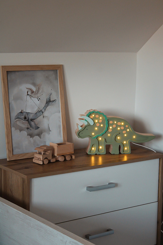 lampy do pokoju dziecka Drewniana lampka Dinozaur
