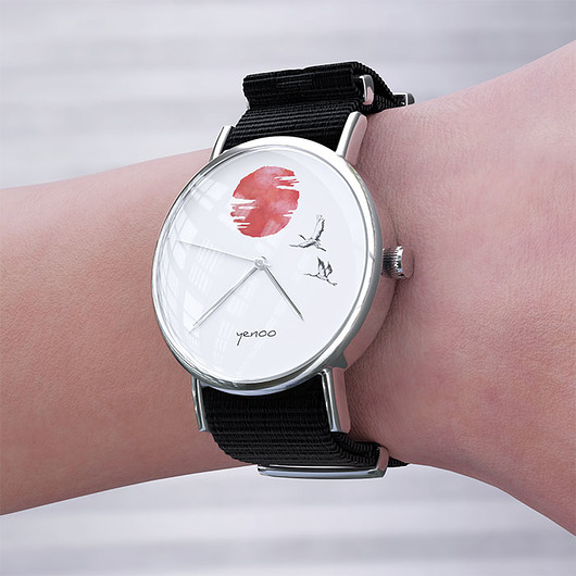 zegarki damskie Zegarek - Japońskie żurawie 2 - czarny, nylonowy