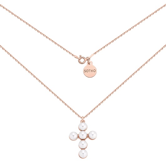 złote naszyjniki Naszyjnik z różowego złota z krzyżem zdobionym perłami