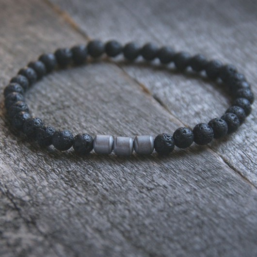 męska bransoletka : BLACK LAVA & SILVER HEMATITE kaktusia
