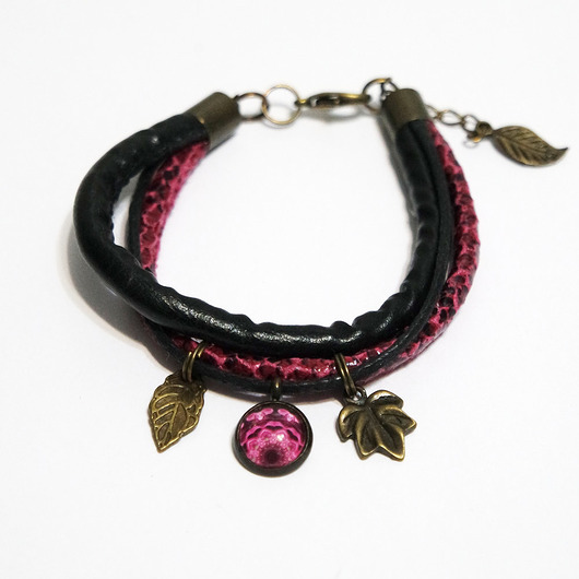 bransoletki ze szkła Bransoletka - Różowa koronka, liście - rzemienie