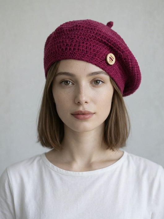 czapki damskie Wiosenny beret damski z antenką ręcznie robiony bawełna one size amarant