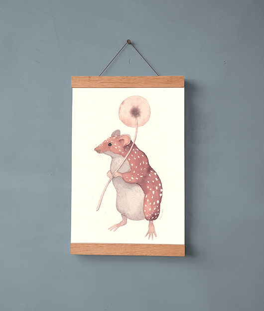 Plakat ilustracja akwarelowa Mysz z dmuchawcem Monika Ruminska