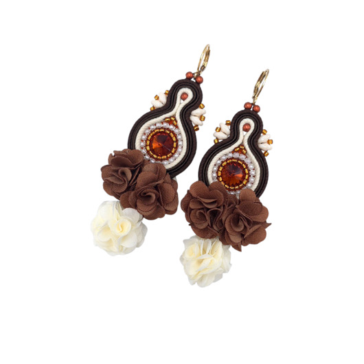kolczyki soutache Kolczyki sutasz boho z kwiatami kremowo brązowe eleganckie Arcadia