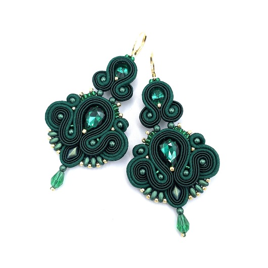 kolczyki soutache Sole kolczyki sutasz zielone wieczorowe wiszące z kryształkami