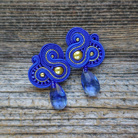 kolczyki soutache Kobaltowo złote  kolczyki soutache