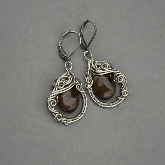 kolczyki wire wrapping Eleganckie kolczyki kwarc dymny wire wrapping
