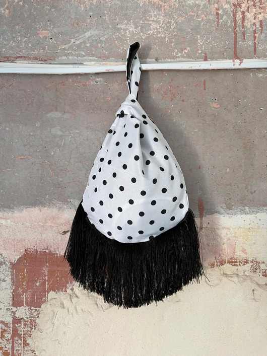 torebki do ręki Torebka na nadgarstek,Knot Bag w Groszki z Frędzlami - Handmade