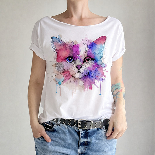 t-shirt damskie Kotek kreski akwarele Biały Oversize