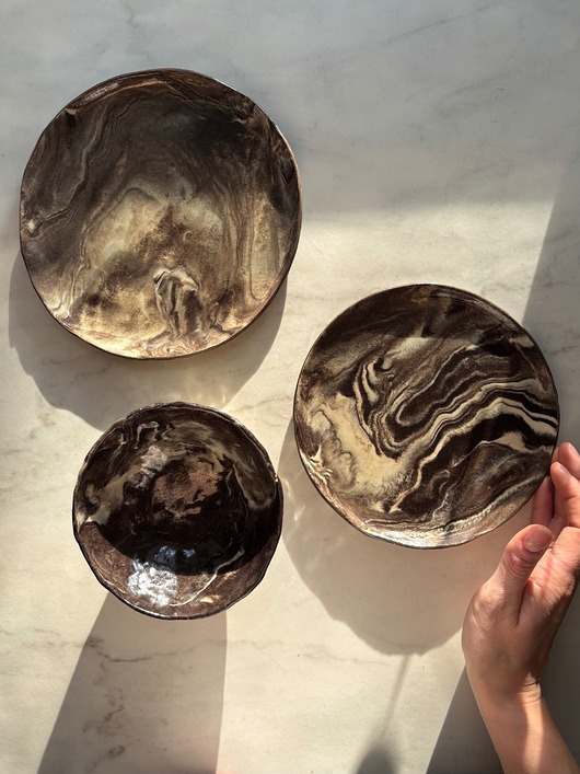 talerze, miski Zestaw 2 Talerzy i Miseczki na Tapasy Marble Effect