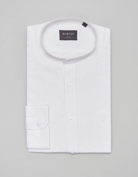 koszule męskie Lniana koszula lentane ze stójką 00483 długi rękaw biały slim fit