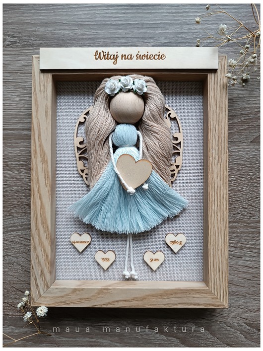 makramy Anioł Stróż metryczka ze sznurka makrama rękodzieło