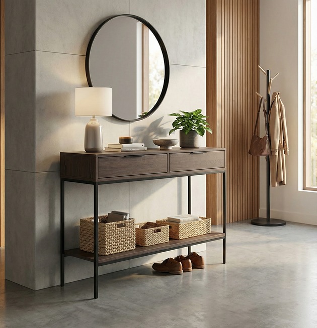 biurka Konsola z półką i szufladami w kolorze czekoladowym, toaletka, biurko