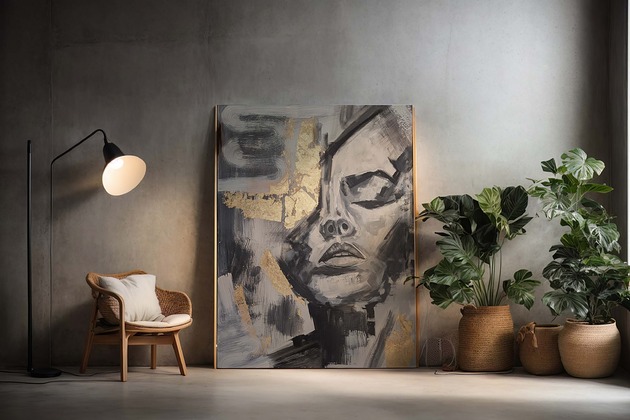 obrazy Abstrakcyjny portret kobiety w szarościach ze złotem 70x100 cm duży obraz