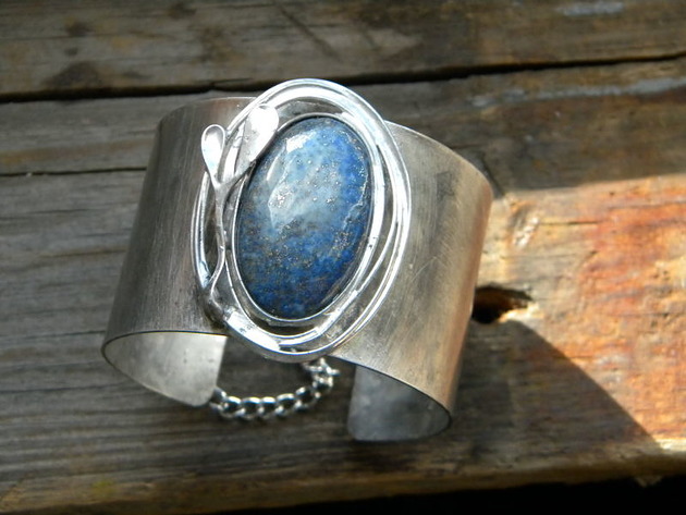 bransoletki wire wrapping Lapis lazuli z listkiem     - BRANSOLETA MANKIET - CUFF