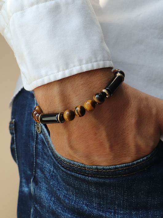 biżuteria męska Bransoletka męska - tygrysie oko z czarnym turmalinem