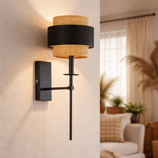 kinkiety Długi kinkiet boho w stylu pałacowym VADUZ BOHO z rattanowym abażurem