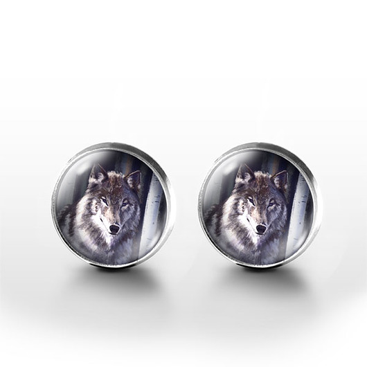 kolczyki szklane Kolczyki sztyfty - Szary wilk - grafika