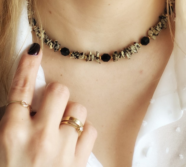 chokery Naszyjnik choker,  Jaspis Dalmatyńczyk z onyksem.