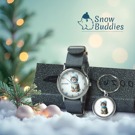 zegarki unisex Zestaw prezentowy - Kotek - zegarek i brelok - nylonowy, szary