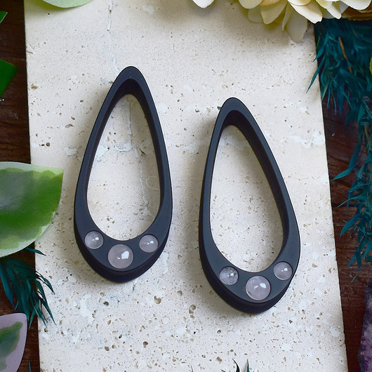 biżuteria różna Tunele do uszu 25-100mm / wydłużone łezki z kamieniami / różowy kwarc