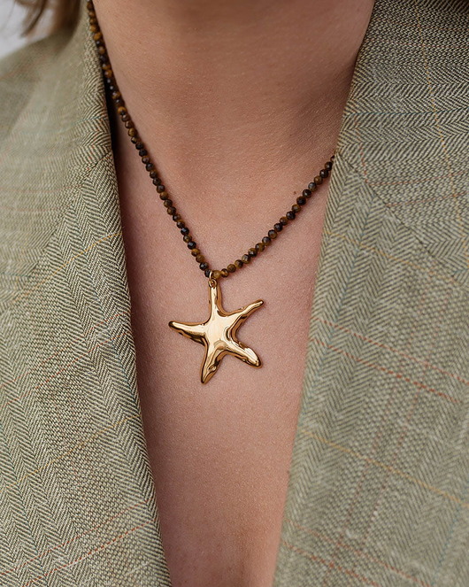 bransoletki - inne Naszyjnik z tygrysim okiem i rozgwiazdą ze stali chirurgicznej premium Parais