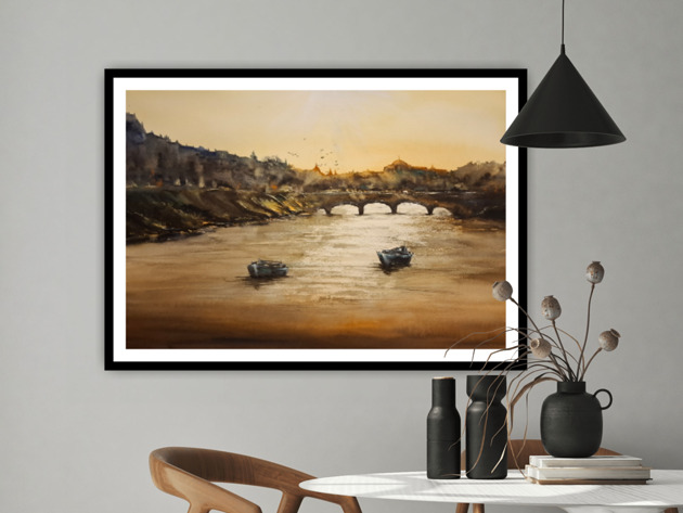 obrazy Obraz akwarelowy "Pejzaż z mostem" oprawiony w passe-partout 50x70 cm