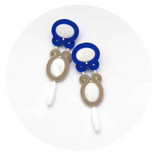 Soutache: kolczyki długie beż i kobalt  maanuela