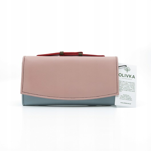 portfele damskie Portfel damski skórzany ze skrawków rączka dużo przegródek eko Olivka