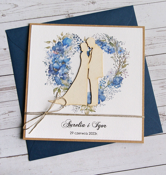 zaproszenia i kartki na ślub Kartka ślubna, PERSONALIZACJA, kolorowa koperta : niebieska