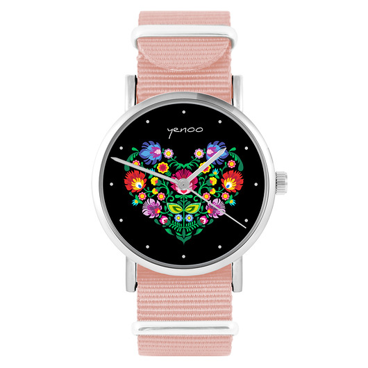 zegarki damskie Zegarek - Folkowe serce, czarny - brzoskwiniowy róż