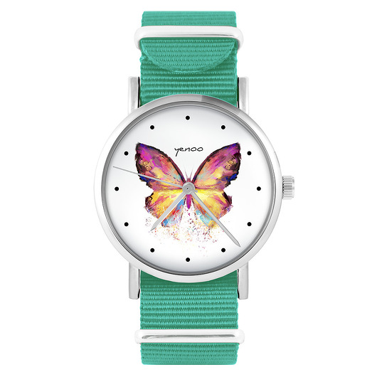zegarki damskie Zegarek - Motyl - turkusowy, nylonowy