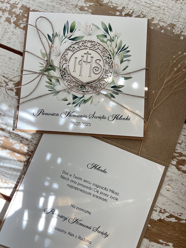 kartki na komunię Kartka komunijna ręcznie robiona z imieniem od matki chrzestnej