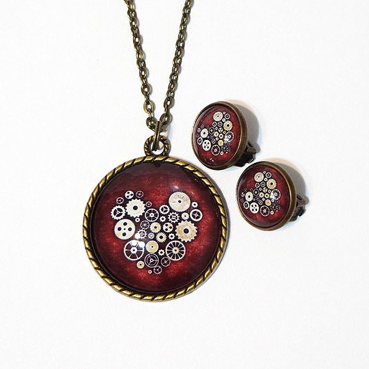 Naszyjnik i klipsy - komplet - Steampunk Heart yenoo