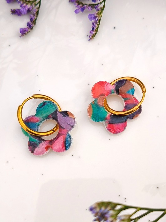 kolczyki z masy plastycznej Kolczyki kwiatuszki abstrakcje, zestaw 2w1 boho biżuteria dla niej