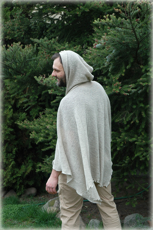 swetry męskie Szare PONCHO z dzianiny lnianej z kapturem