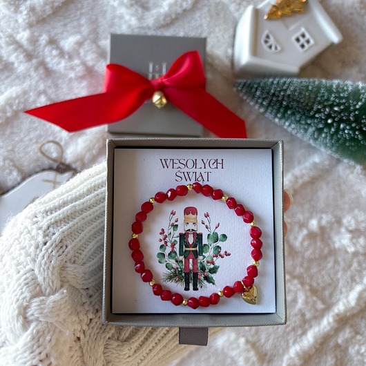 bransoletki na sznurku Świąteczna bransoletka z czerwonych korali z serduszkiem
