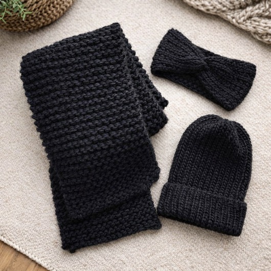 czapki damskie Zestaw czarny czapka szalik opaska miękka i ciepła wełna handmade