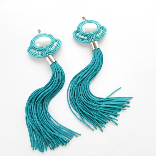 kolczyki soutache Długie turkusowe kolczyki z frędzlami