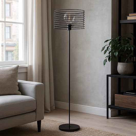 lampy podłogowe Czarna lampa podłogowa do salonu FORNOSA LOFT z drucianym kloszem