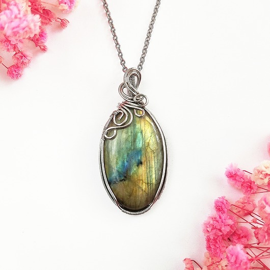 wisiory Naszyjnik Labradoryt Owal stal chirurgiczna wisiorek handmade wirewrapping