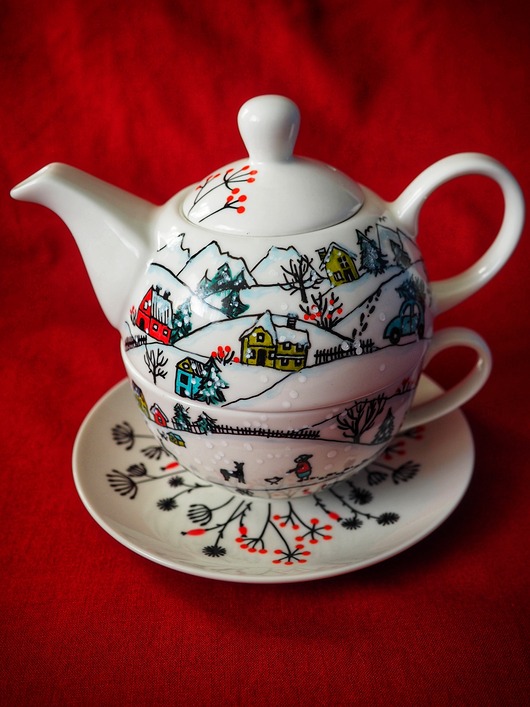 filiżanki Świąteczny zestaw imbryk z filiżanką Tea for one ZIMOWA WIOSKA